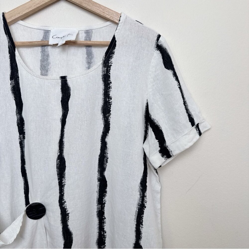 Compli K Womens Small Linen Striped Short Sleeve Lagenlook Patch Pocket Top - Picture 6 of 13